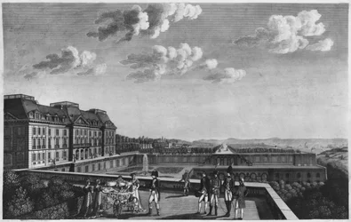 Premiers pas du Roi de Rome sur la terrasse de Saint-Cloud, gravé par Dubois